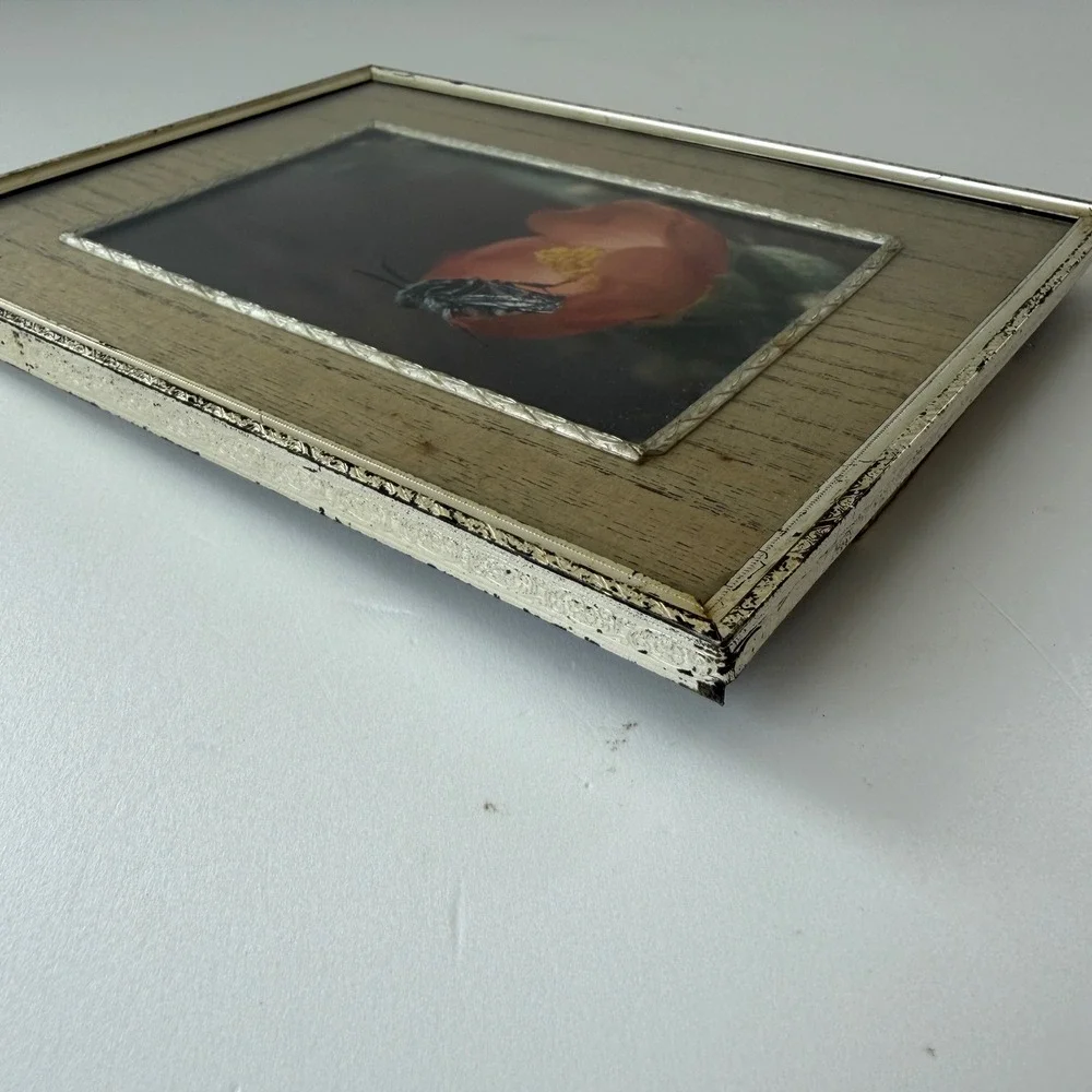 Vintage 4x6 Tabletop Picture Frame Gold Faux Wood Silver Ornate Trim Mid Century